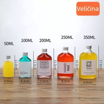 100 ml plosnata staklena boca; 250 ml boca za mliječni čaj; boca za kavu; boca za sok; prazna staklena boca s mogućnošću otiska logotipa