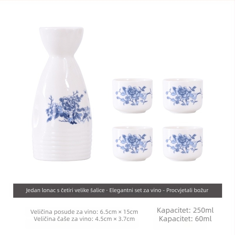 Set sake od kostnog porculana — japanskog stila, antik keramički set za sake s posudom i čašama, 5 komada, s prilagođenim logotipom