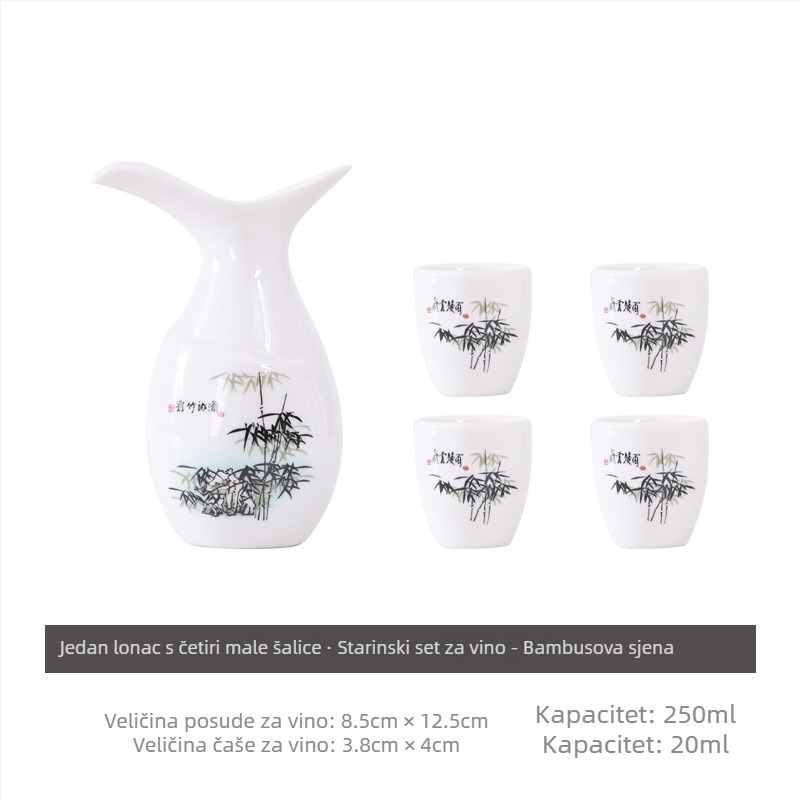 Set sake od kostnog porculana — japanskog stila, antik keramički set za sake s posudom i čašama, 5 komada, s prilagođenim logotipom