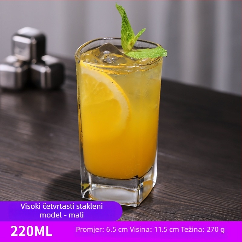 Debela kvadratna staklena čaša, prozirna, za vodu, sok, mlijeko, viski i pivo, 301–400 ml