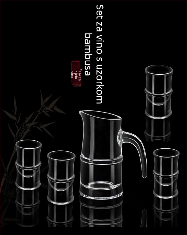 Set za liker 100 ml s četiri kristalna čašice, boca s mjernom skalom, dozator u stilu bambusa.