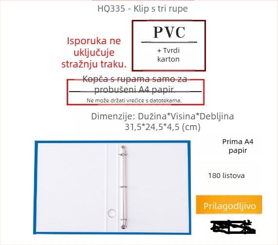 A4 fascikl s D-prstenom promjera 1,5 inča i perforiranim kartonskim dosjeom