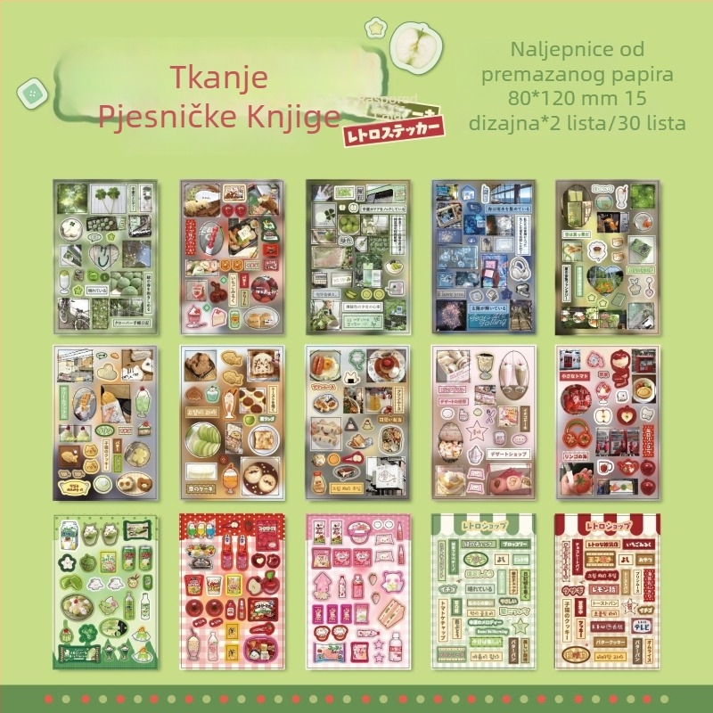 Serija naljepnica Retro ukusa: knjiga naljepnica, japanski stil, izrezane naljepnice, slatki prehrambeni stripovi za DIY dnevnik dekoraciju