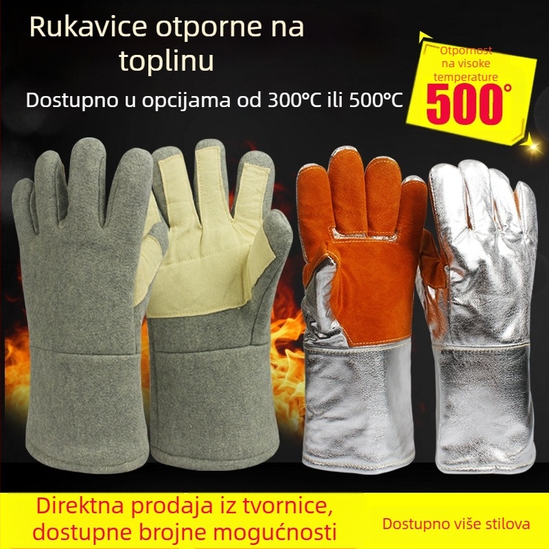 Rukavice otporne na visoke temperature 300–500°C, vatrootporne i toplinsko izolirane, petoprstne, od aluminijske folije i aramidnih vlakana