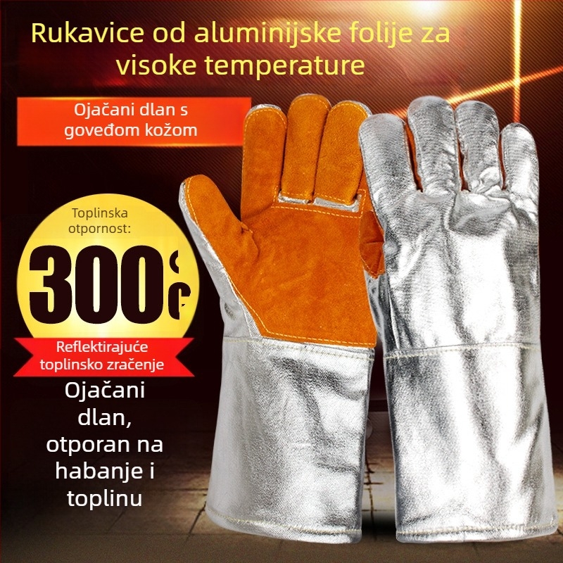 Rukavice otporne na visoke temperature 300–500°C, vatrootporne i toplinsko izolirane, petoprstne, od aluminijske folije i aramidnih vlakana