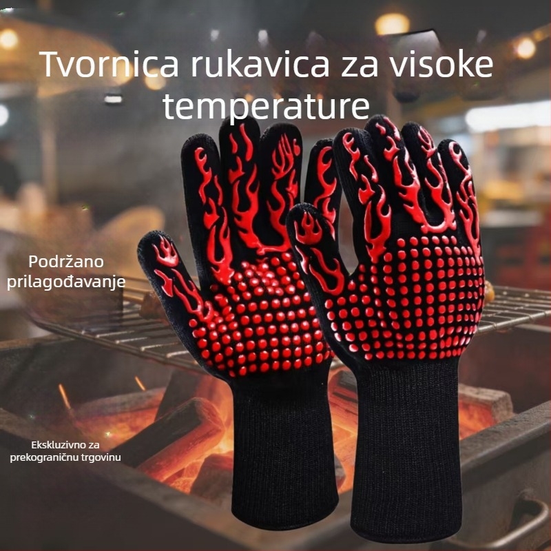 Rukavice visokotemperaturne do 800°C, od aramidno-pamučne silikonske, protuklizne, vatrootporne, toplinska izolacija, za roštilj, pećnicu i mikrovalnu