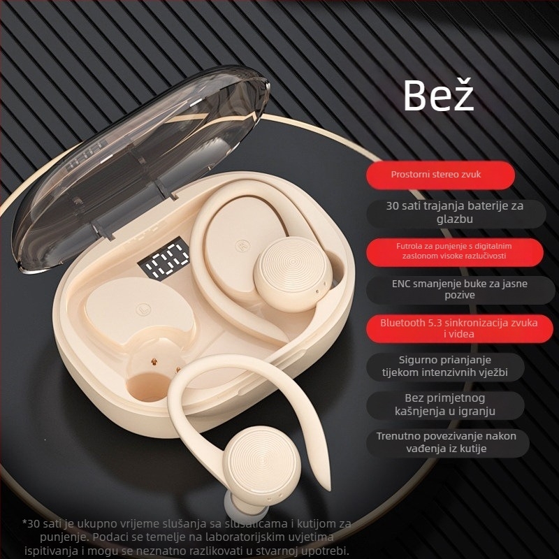 Bluetooth slušalice s kukom za uho, pravi bežični, sportski model 2024, dugotrajna baterija, pogodne za trčanje, Android kompatibilno