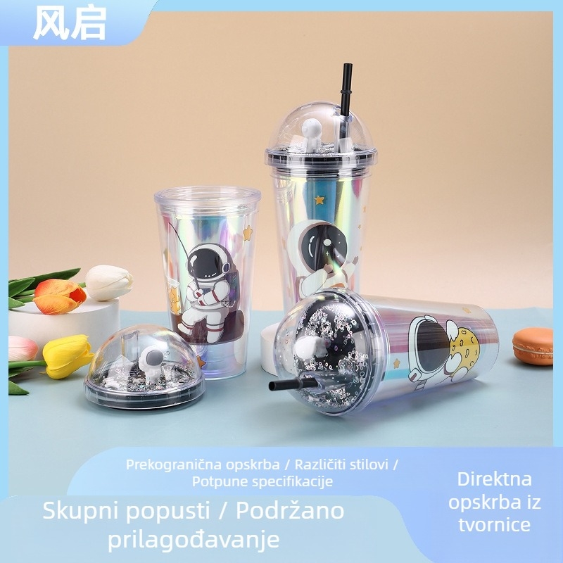 Crtani astronaut – dvostruko plastično čašica sa slamkom – kreativno ljetno čašice za studente