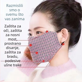 Zimska karirana maska, topla i debela, pamuk, periva, s elastičnim trakama za uši