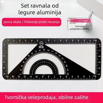 Integrirani metalni set mjernih pravila: ravna pravila, trokutno pravilo, kutomjer i trokutna ploča; aluminijska legura