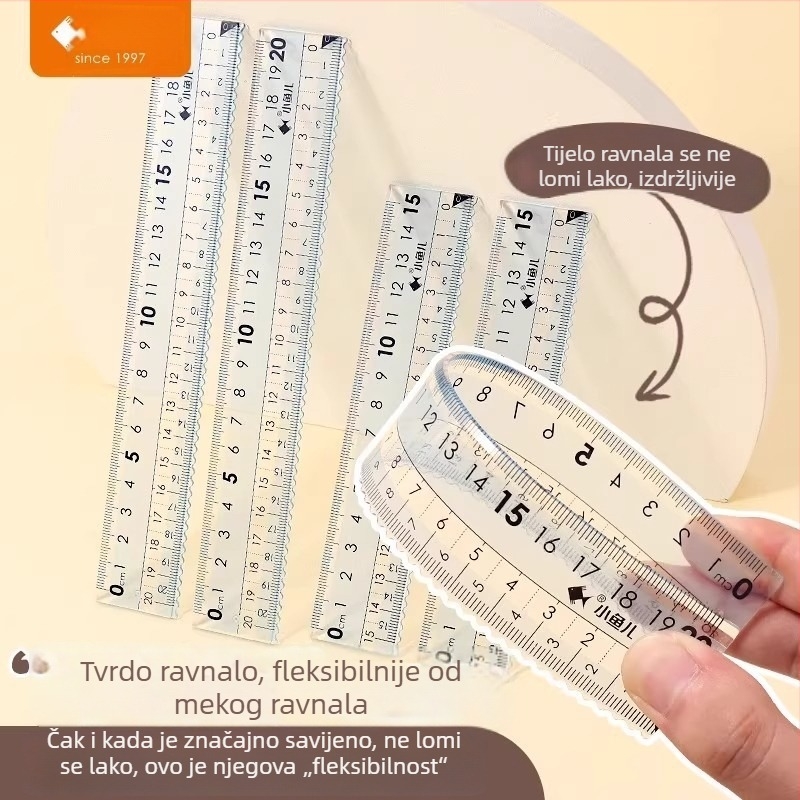 Prozirna plastična pravokutna ravnala duljine 20 cm s velikim brojevima, čvrsta konstrukcija — četverodijelni set s valovitim oznakama za učenike osnovne škole