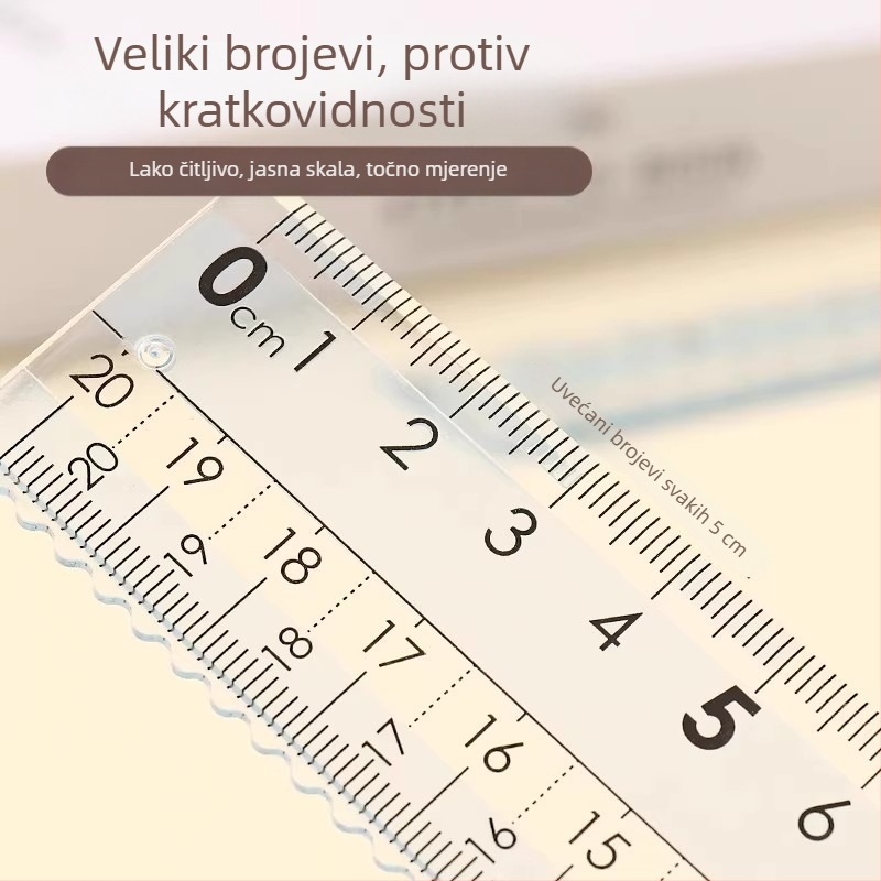 Prozirna plastična pravokutna ravnala duljine 20 cm s velikim brojevima, čvrsta konstrukcija — četverodijelni set s valovitim oznakama za učenike osnovne škole