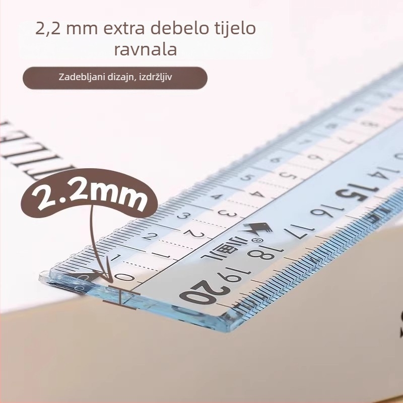 Prozirna plastična pravokutna ravnala duljine 20 cm s velikim brojevima, čvrsta konstrukcija — četverodijelni set s valovitim oznakama za učenike osnovne škole