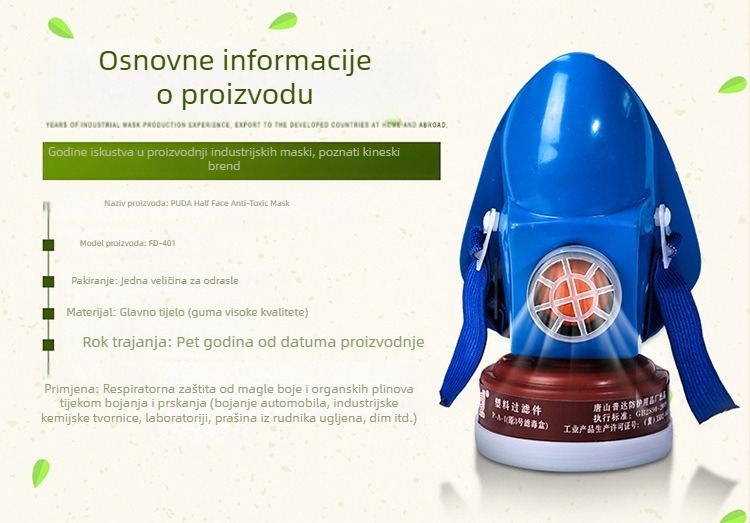 Puda 400 serija industrijska maska za plin s aktivnim ugljem, s jednim ili dvostrukim spremnikom, zaštita od prašine i kemijskih para pri lakiranju