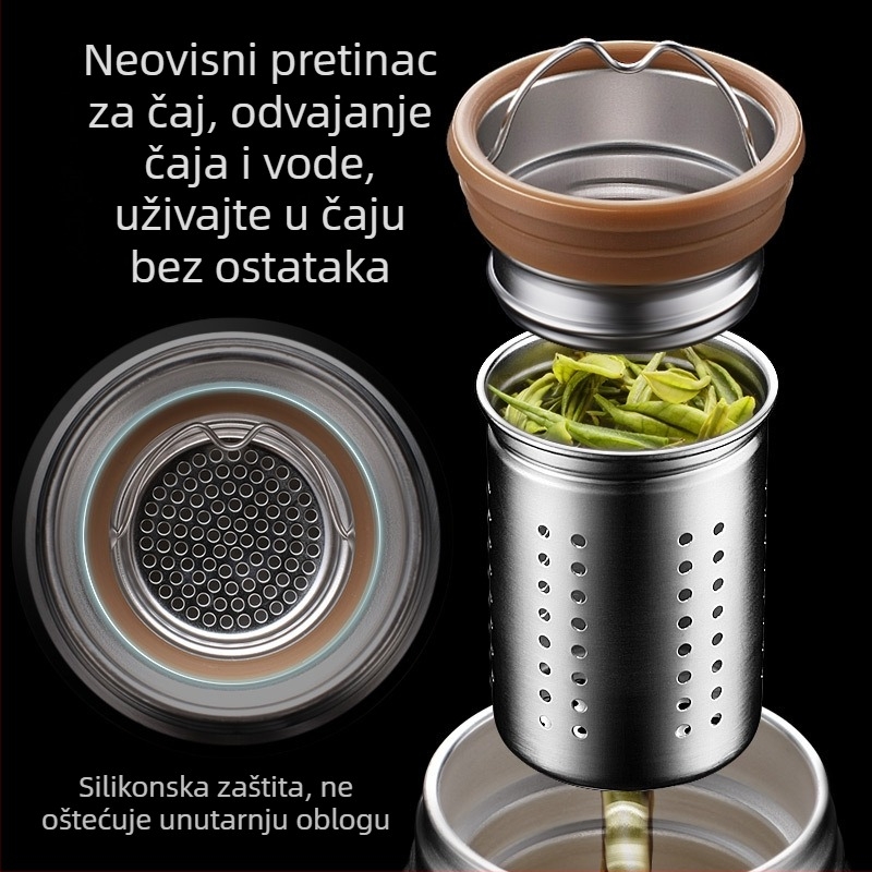 Visokokvalitetna izolirana šalica s keramičnim unutarnjim dijelom i odjeljivanjem čaja i vode, 316 nerđajući čelik, poslovni poklon