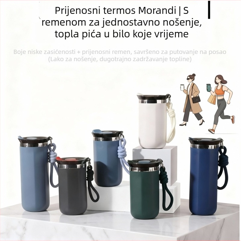 Nova minimalistička čaša za kavu od nehrđajućeg čelika sa kaišem, izolirana, uspravnog cilindričnog oblika, moderna i prenosna sportska čaša
