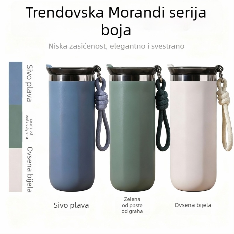 Nova minimalistička čaša za kavu od nehrđajućeg čelika sa kaišem, izolirana, uspravnog cilindričnog oblika, moderna i prenosna sportska čaša