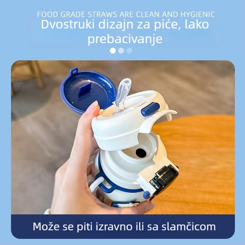 Dječja termoska s prikazom temperature, za djevojčice u vrtiću, sa slamkom, crtani dizajn