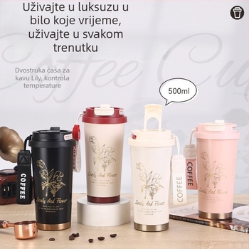 Dvostruko stakleni vakuumski čaš od nehrđajućeg čelika, prijenosna za auto, s remenom za nošenje, pogodna za ured i slobodno vrijeme