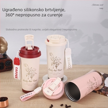 Dvostruko stakleni vakuumski čaš od nehrđajućeg čelika, prijenosna za auto, s remenom za nošenje, pogodna za ured i slobodno vrijeme