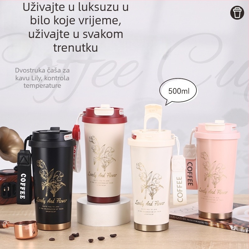 Dvostruko stakleni vakuumski čaš od nehrđajućeg čelika, prijenosna za auto, s remenom za nošenje, pogodna za ured i slobodno vrijeme