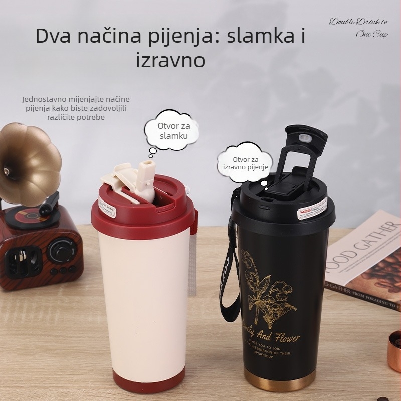Dvostruko stakleni vakuumski čaš od nehrđajućeg čelika, prijenosna za auto, s remenom za nošenje, pogodna za ured i slobodno vrijeme