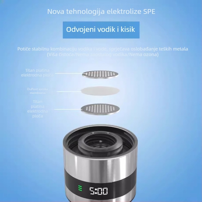 Šalica i boca vode bogate vodikom, tri namjene, SPE elektroliza razdvajanje vodika i kisika, LED pametni zaslon