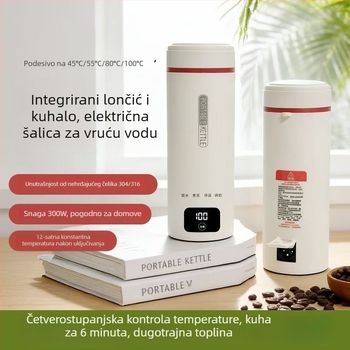 Prijenosna električna šalica za vruću vodu s integriranom izolacijom, kompaktni nehrđajući čelični čajnik za ured i putovanja