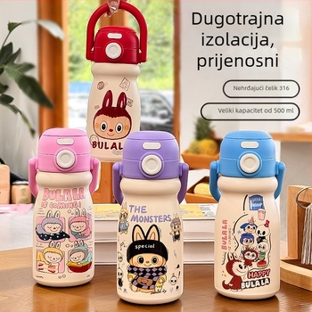 Prijenosna izolirana čaša za djecu s preslatkim crtić motivom, držačem za nošenje, unutarnje 316 nerđajućeg čelika, vanjska ljuska 304 nerđajućeg čelika, zadržava piće toplim ili hladnim 6–12 sati.