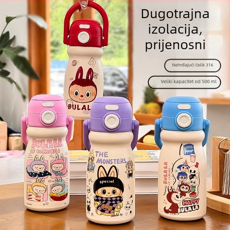Prijenosna izolirana čaša za djecu s preslatkim crtić motivom, držačem za nošenje, unutarnje 316 nerđajućeg čelika, vanjska ljuska 304 nerđajućeg čelika, zadržava piće toplim ili hladnim 6–12 sati.