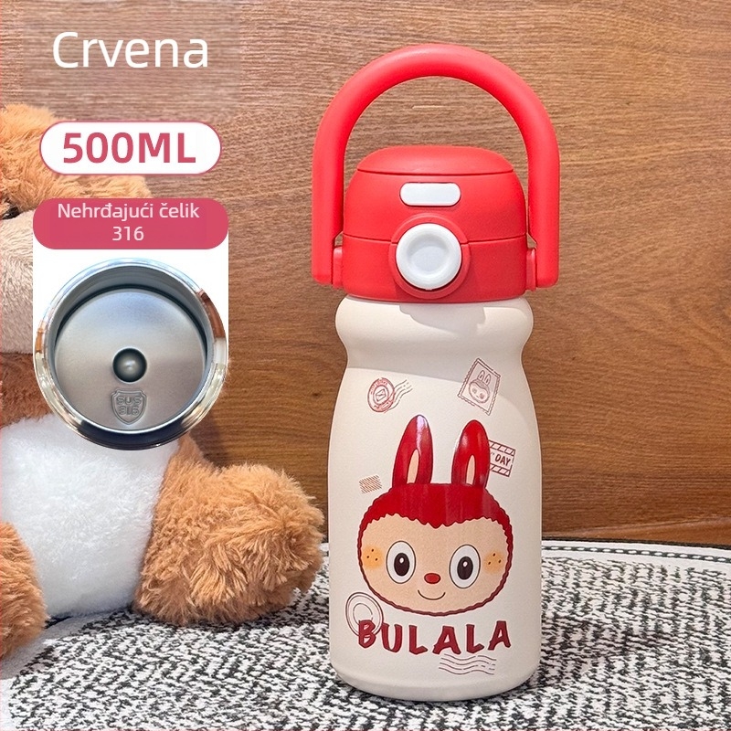 Prijenosna izolirana čaša za djecu s preslatkim crtić motivom, držačem za nošenje, unutarnje 316 nerđajućeg čelika, vanjska ljuska 304 nerđajućeg čelika, zadržava piće toplim ili hladnim 6–12 sati.