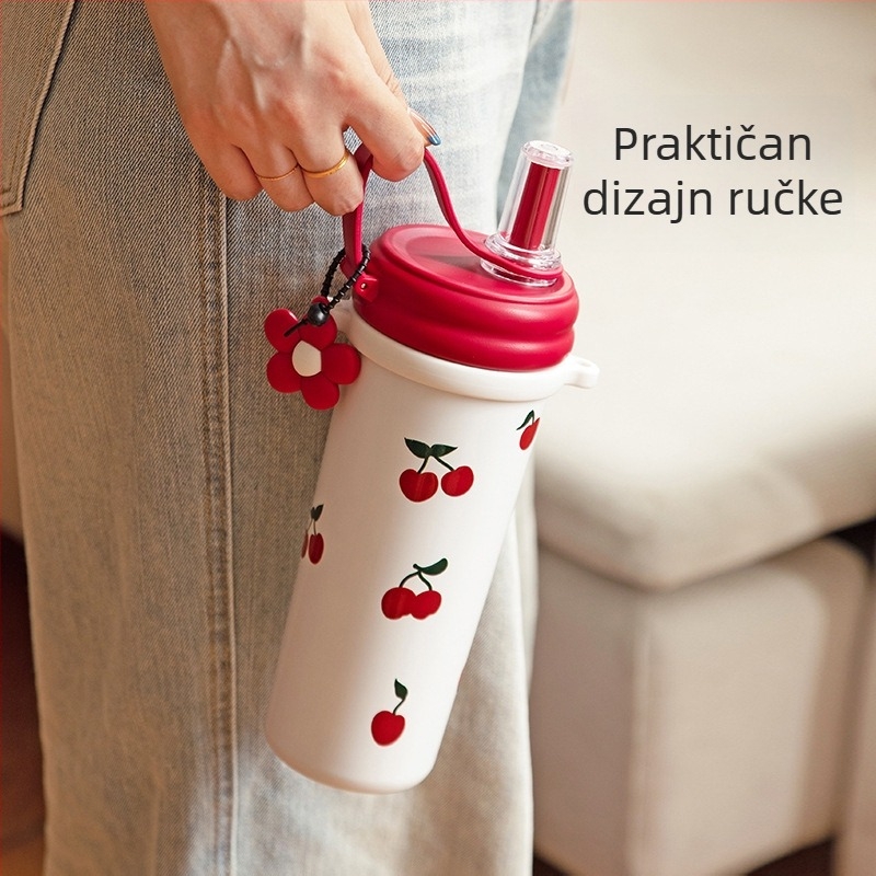 Stilski termos s slamkom, izoliran od 316 inox čelika, prenosiv s vanjskom ručkom