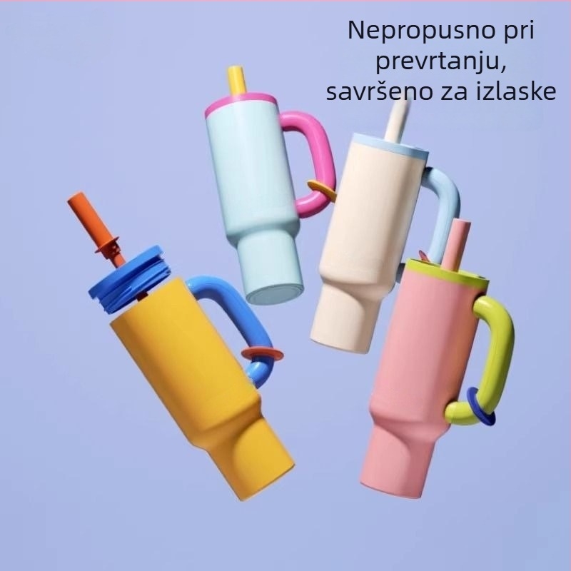 Termos čaša od nehrđajućeg čelika 304 s držačem i slamkom – prenosno za auto i vanjsku upotrebu