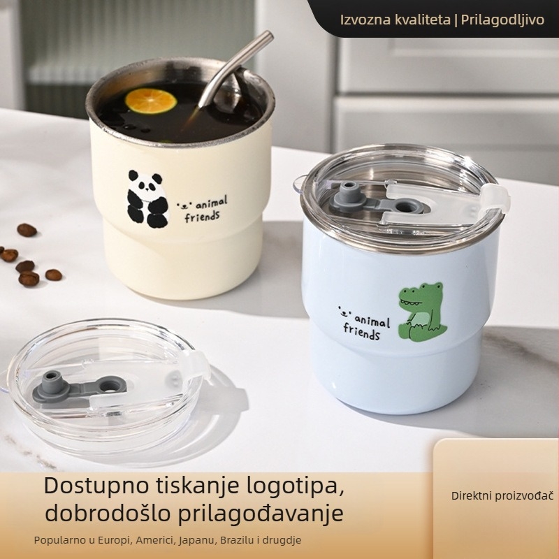 Šalica od nehrđajućeg čelika sa slamkom, karikatura dizajn, otisak logotipa, za sokove i kavu