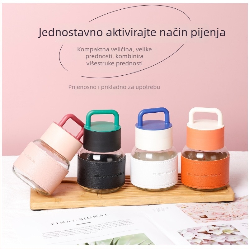 Staklena čaša s držalom za studente – prenosna, zaštita od opeklina, mini dimenzije, moderan dizajn, poklon