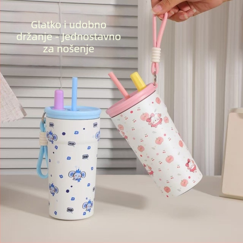 Šalica s karikaturom i slamkom od 316 nerđajućeg čelika, izolirani termos sa kaišem, prenosna šalica za kavu za putovanja