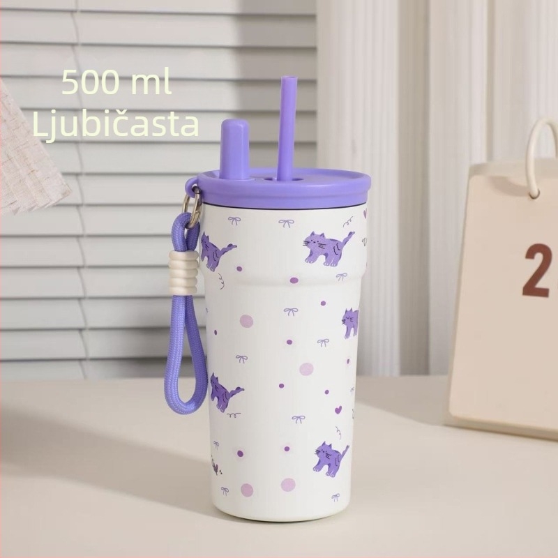 Šalica s karikaturom i slamkom od 316 nerđajućeg čelika, izolirani termos sa kaišem, prenosna šalica za kavu za putovanja