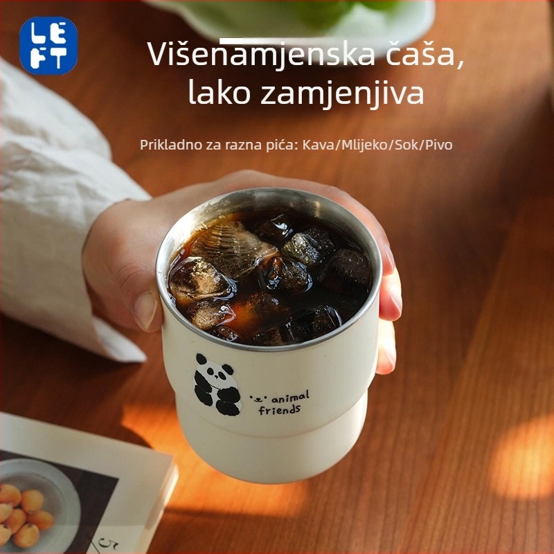 Panda šalica za kavu sa poklopcem, od nehrđajućeg čelika 304, sa slamkom, prijenosna za automobil, za parove