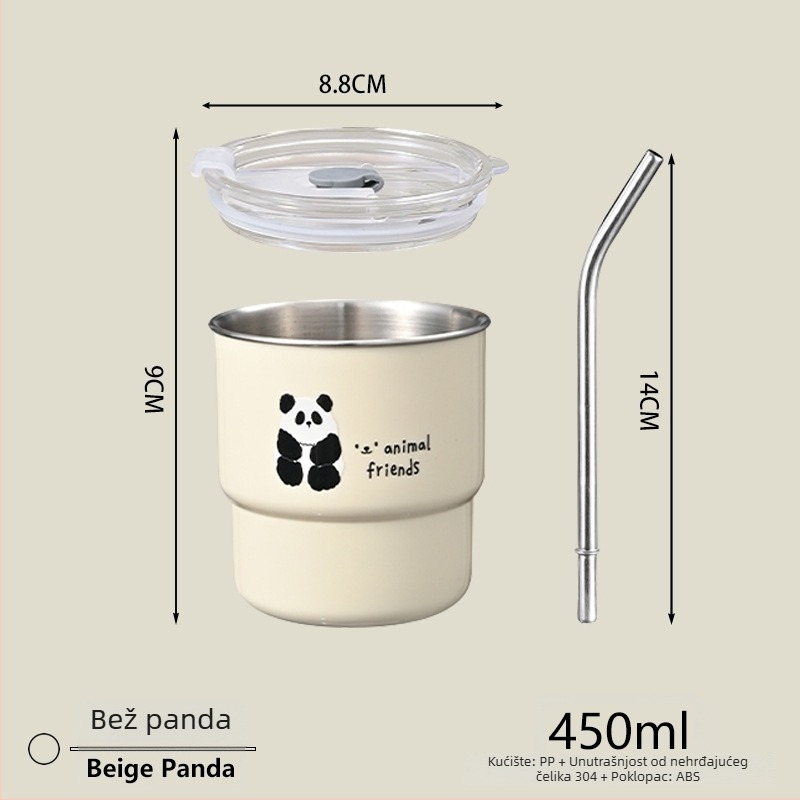 Panda šalica za kavu sa poklopcem, od nehrđajućeg čelika 304, sa slamkom, prijenosna za automobil, za parove