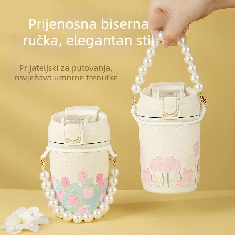 Šalica za kavu u Instagram stilu, prenosiva s ogrlicom od perli i cvjetnim uzorkom, izolirani čelični termos s poklopcem i slamkom