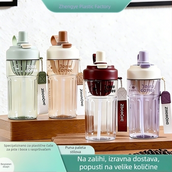 Ljetni plastični čašica za vodu s velikim kapacitetom, dvije mogućnosti za piće, prenosna čaša s pop-up poklopcem, otporna na padove, za učenike