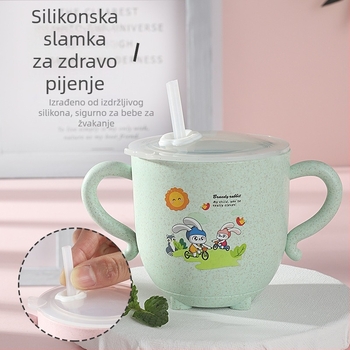 Dječja čaša za vodu s poklopcem i slamkom, od pšenične slame, s dvjema ručkama, zatvorena za vrtić