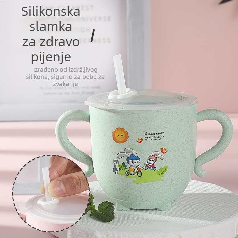 Dječja čaša za vodu s poklopcem i slamkom, od pšenične slame, s dvjema ručkama, zatvorena za vrtić