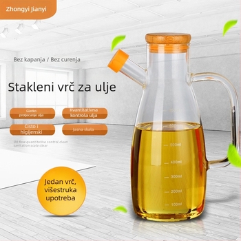 Staklena boca za ulje s velikom ručkom, mjerna skala, bambus kapica, silikonsko izlaz protiv prašine, staklo borosilikat, dizajn bez curenja