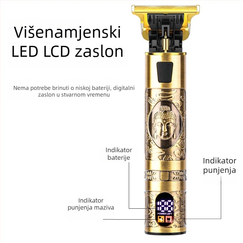 Električni šišač za kosu s aluminijskim kućištem, za kućnu upotrebu, punjiv, s digitalnim zaslonom