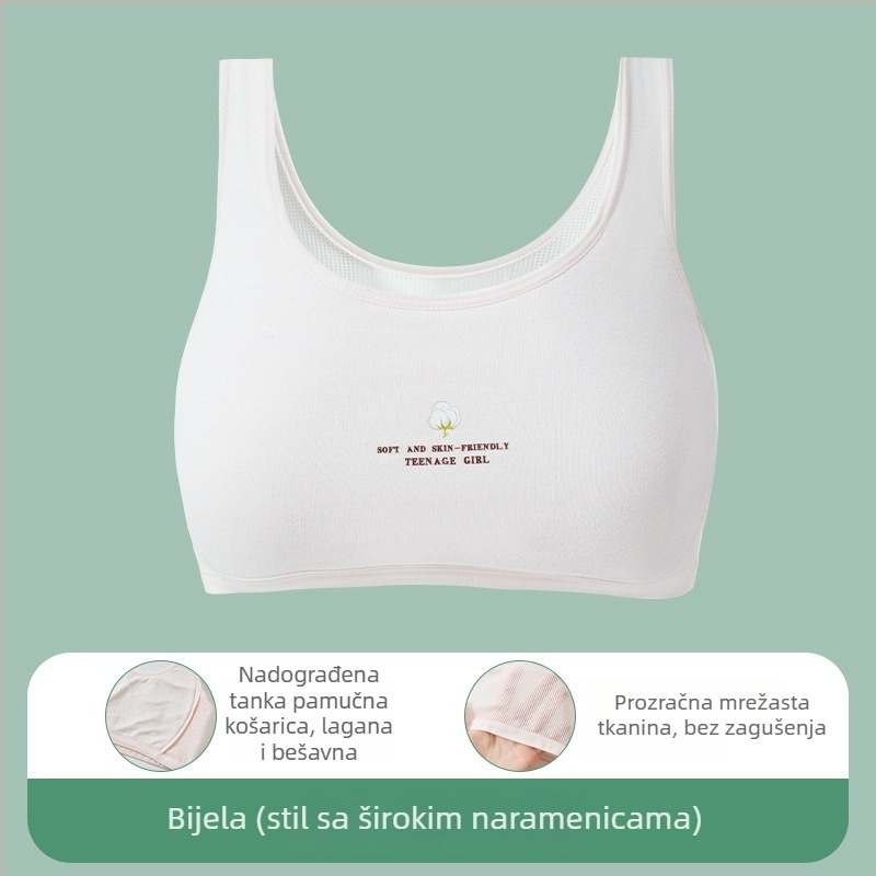 Pamučni grudnjak bez žice za djevojčice 9–13 godina, sportski stil, s fiksiranim dvostrukim naramenicama