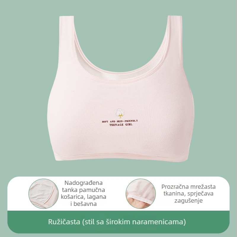 Pamučni grudnjak bez žice za djevojčice 9–13 godina, sportski stil, s fiksiranim dvostrukim naramenicama