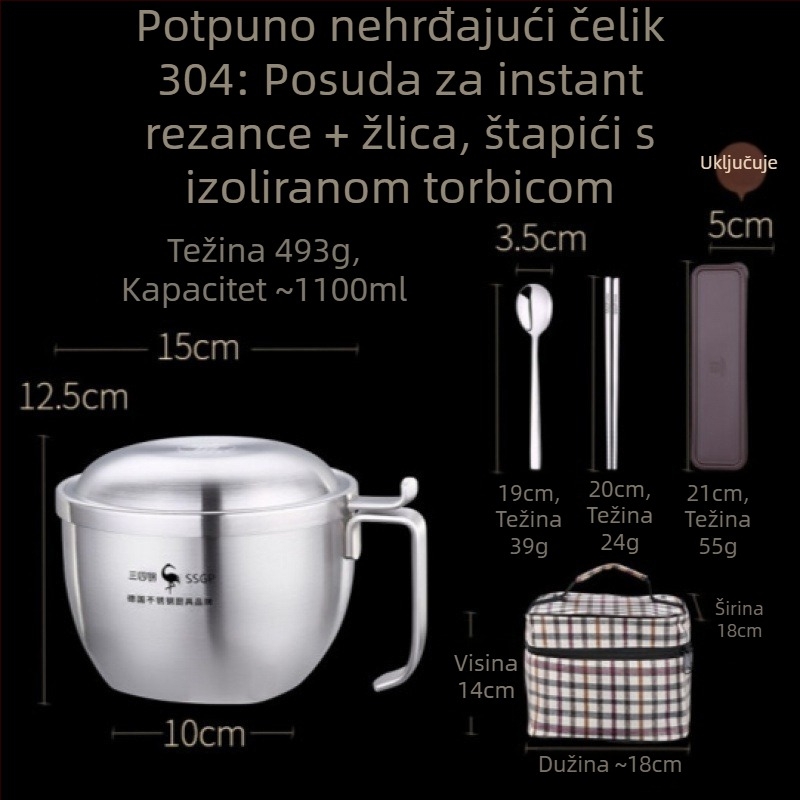 SSGP 304 nehrđajući čelik – termoizolirana zdjela za rezance s poklopcem – velika kutija za obrok za studentski dom