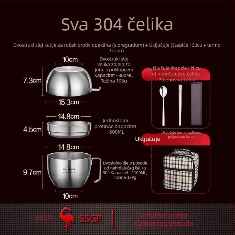 SSGP 304 nehrđajući čelik – termoizolirana zdjela za rezance s poklopcem – velika kutija za obrok za studentski dom