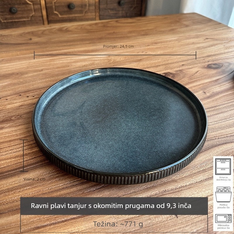 Tamno plavi europski retro reljefni keramički set posuđa, 18 komada, uključuje tanjure za večeru, plosate tanjire, zdjele za juhu i podmetače s blagim nedostacima